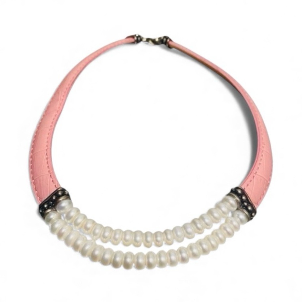 NWOT Honora 925 Sterling Silver Pink Genuine Leather Pearl Chocker Necklace